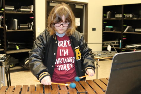 Senior Emily Richardson plays the marimba in the band hall. She is thinking about a career in music.