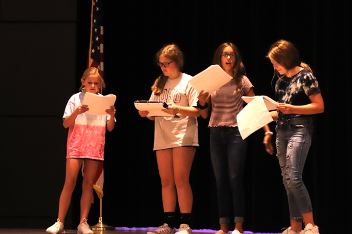 Eighth graders Jaycie Holley, Kassidy Marin, seventh graders Kate Fletcher, Brooke Smith and eighth grader Leiah Graham run through lines from their play. 