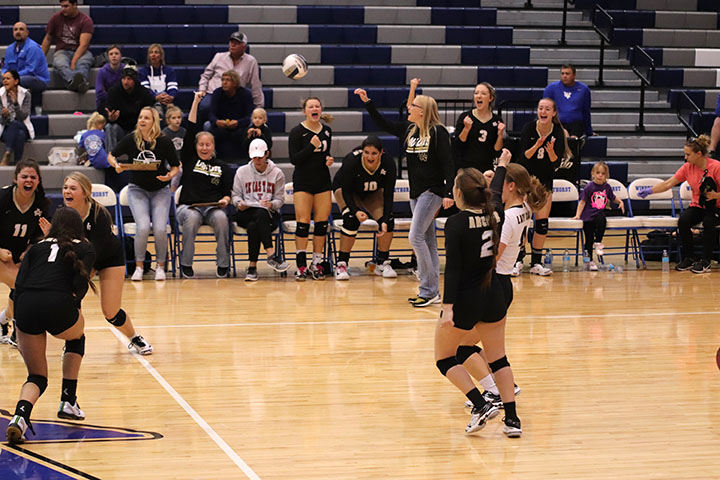 Jumping and screaming, the Ladycat volleyball team celebrates winning a set during their game against Windthorst. 