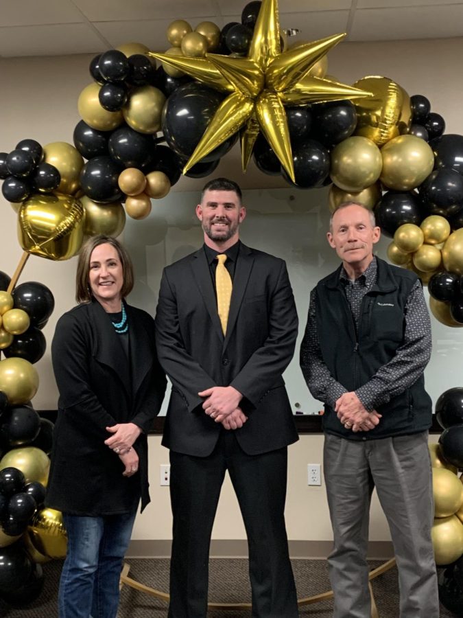 Starting after spring break, new athletic director Bradan Ritchey stands alongside school board president Jeannie Hilbers and Superintendent C.D. Knobloch.  