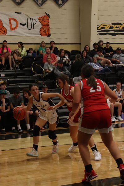 Senior Adelyn Harvey takes the drive to the hoop. 